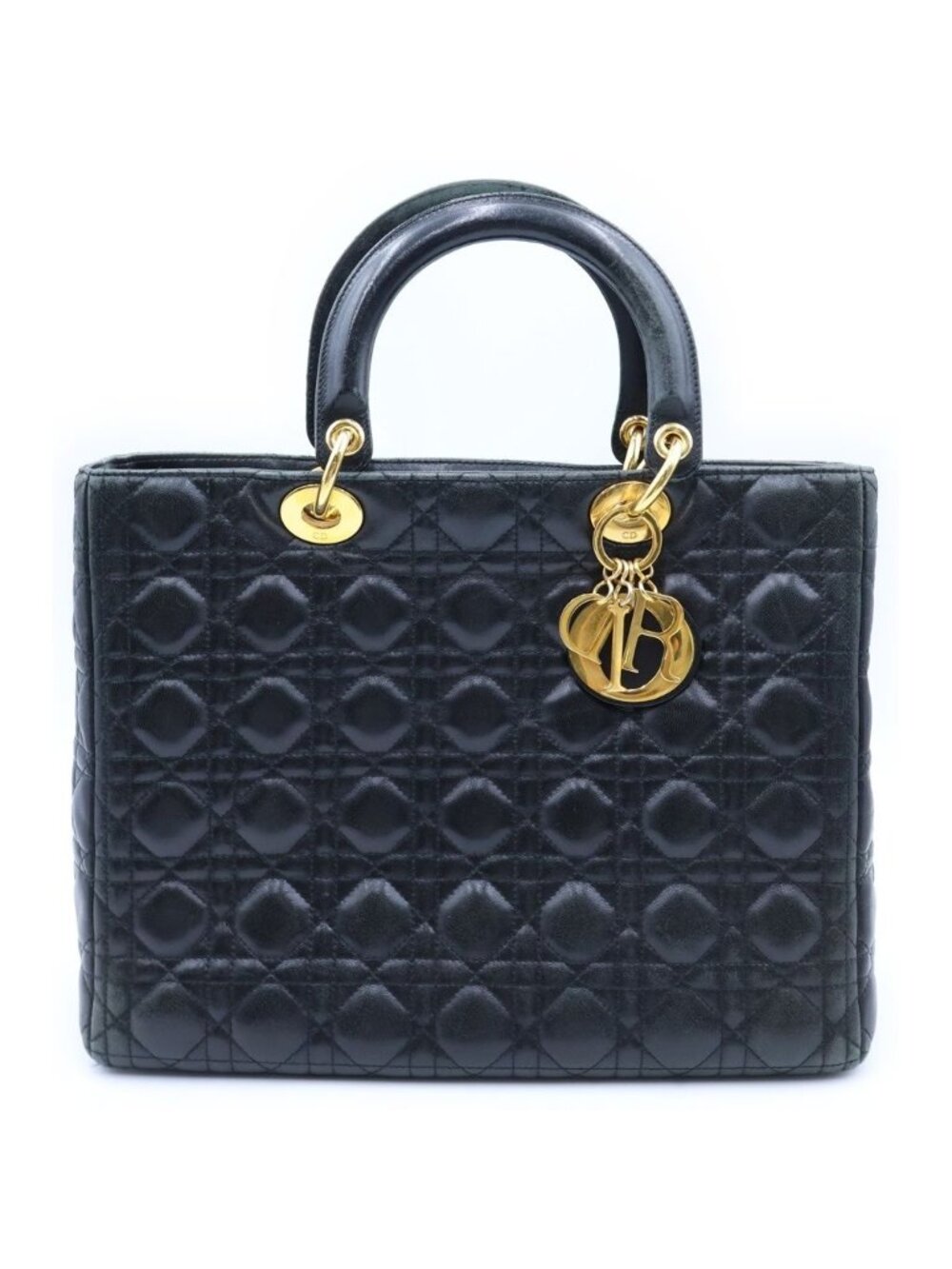 Dior Lady Large Cannage Lambskin Leather Handbag Black Gold